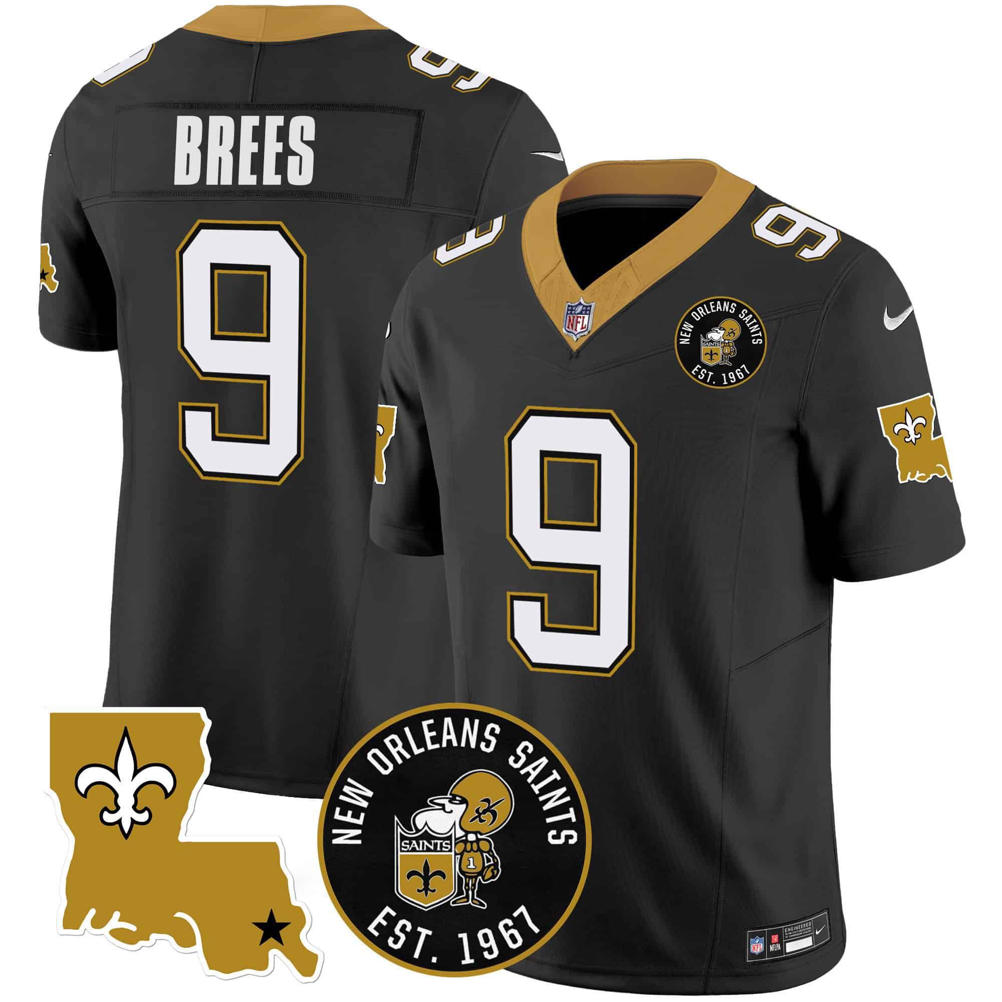 Men New Orleans Saints 9 Brees Black 2024 Nike 1967 Patch Vapor Limited NFL Jersey style 1